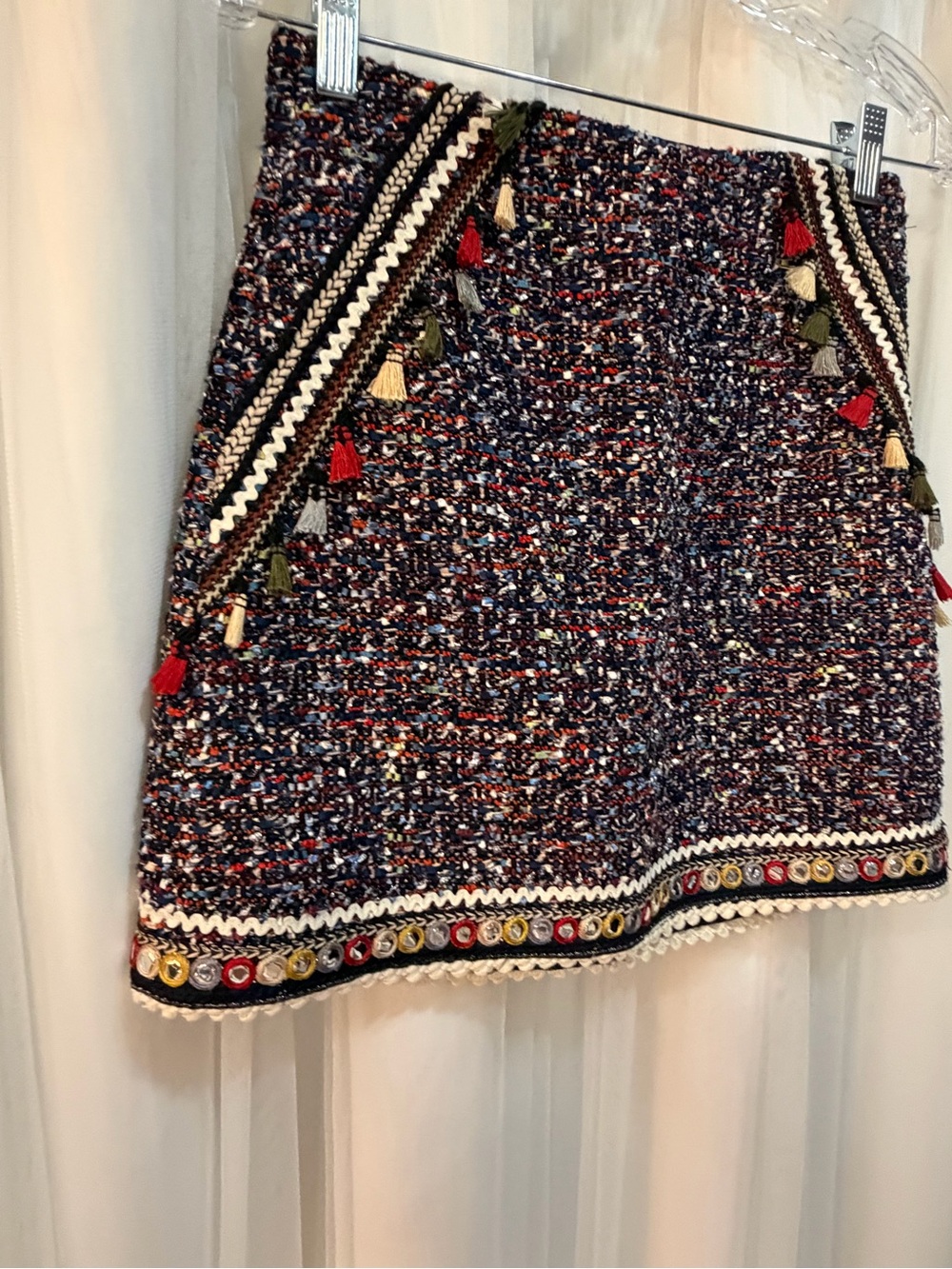 Zara Navy Multicolor Tweed Mini Skirt with Tassel Details